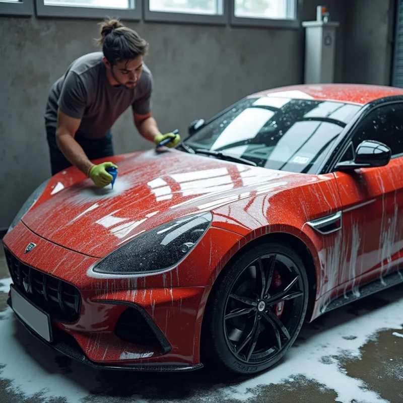Lave d'une voiture rouge avec un film covering brillant